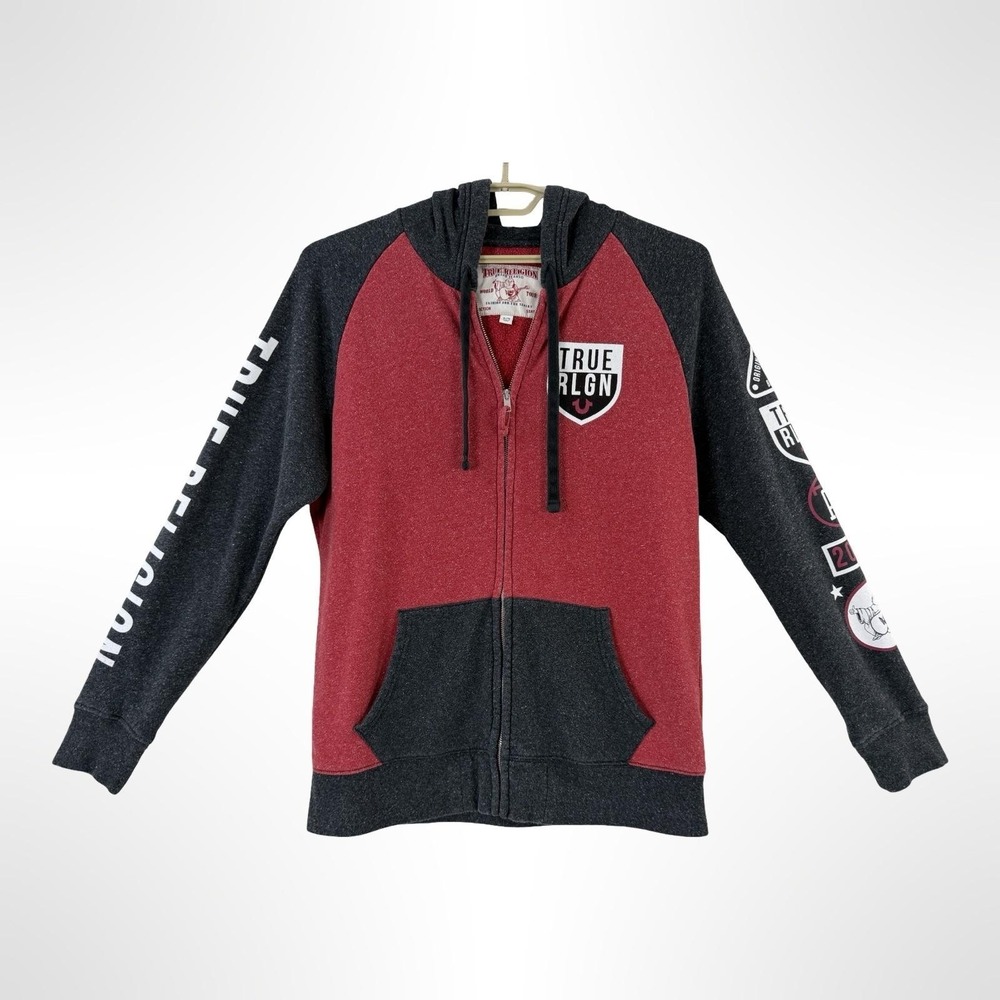 True Religion Hoodie Men's XL Red Black Full‎ Zip Graphic Logo Fleece